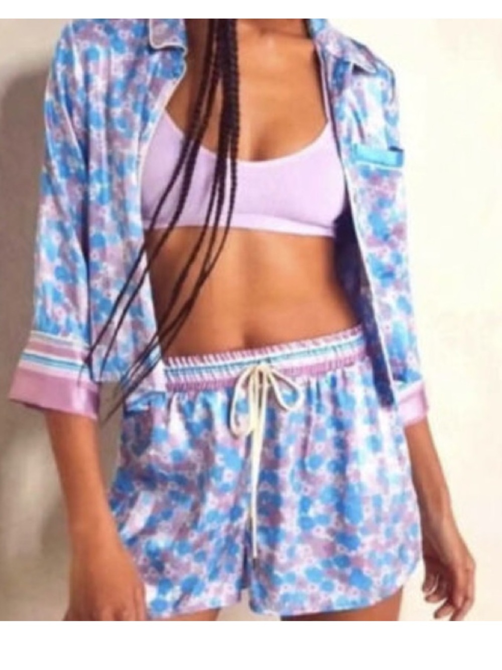 Free People Pillow Talk Satin Short Pajamas Cool Lavender Floral Set medium